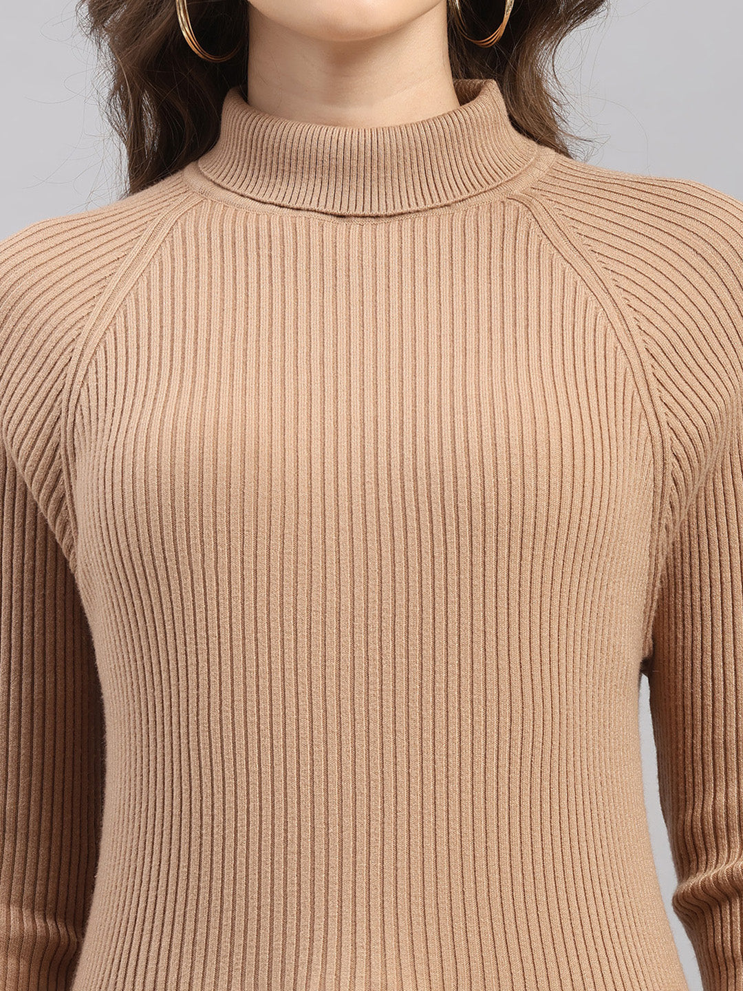 Women Camel Brown Solid Round Neck Full Sleeve Sceavy