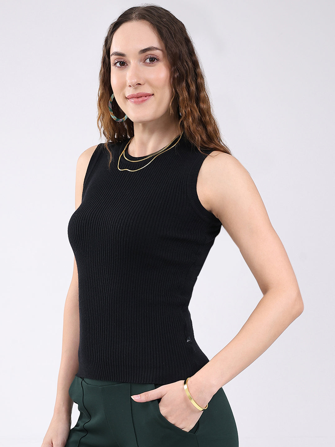 Women Black Solid Round Neck Sleeveless Sceavy