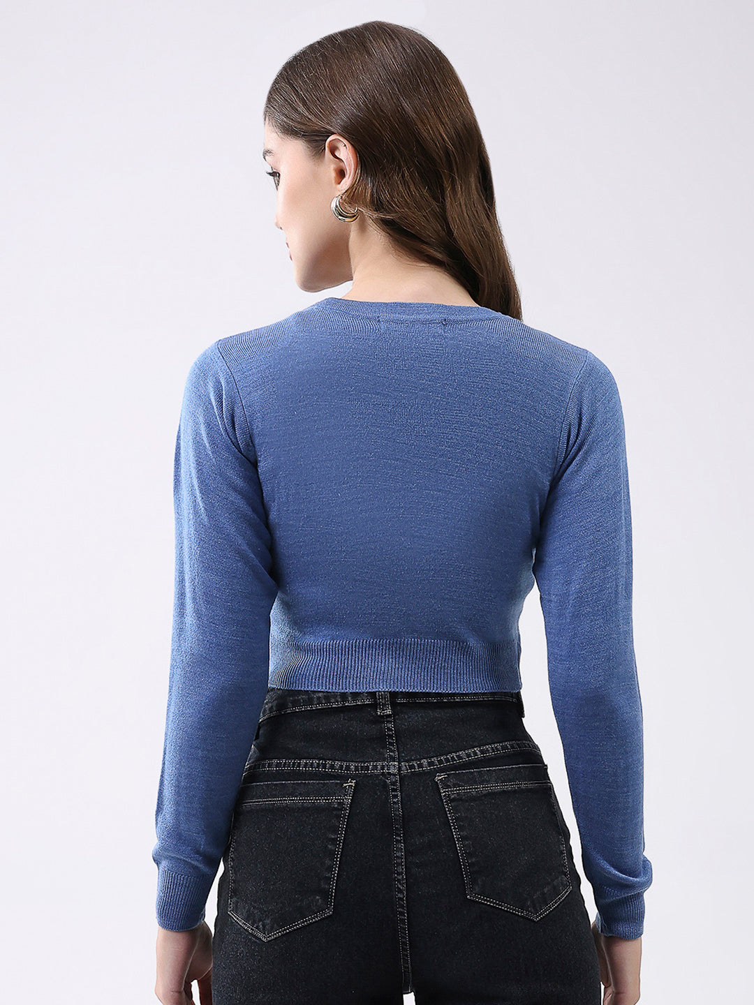 Women Blue Solid V Neck Full Sleeve Cardigan