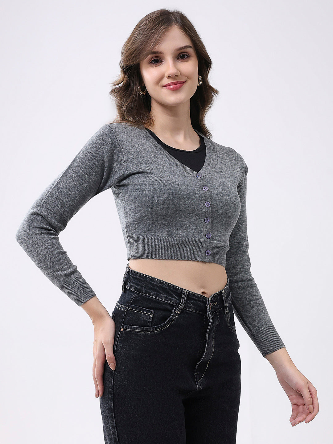 Women Grey Solid V Neck Full Sleeve Cardigan