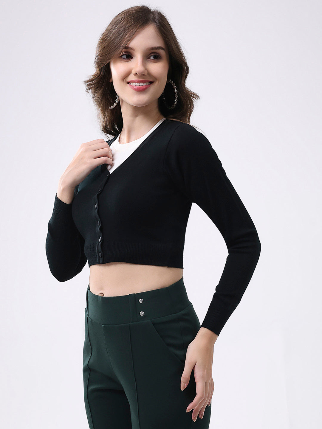 Women Black Solid V Neck Full Sleeve Cardigan