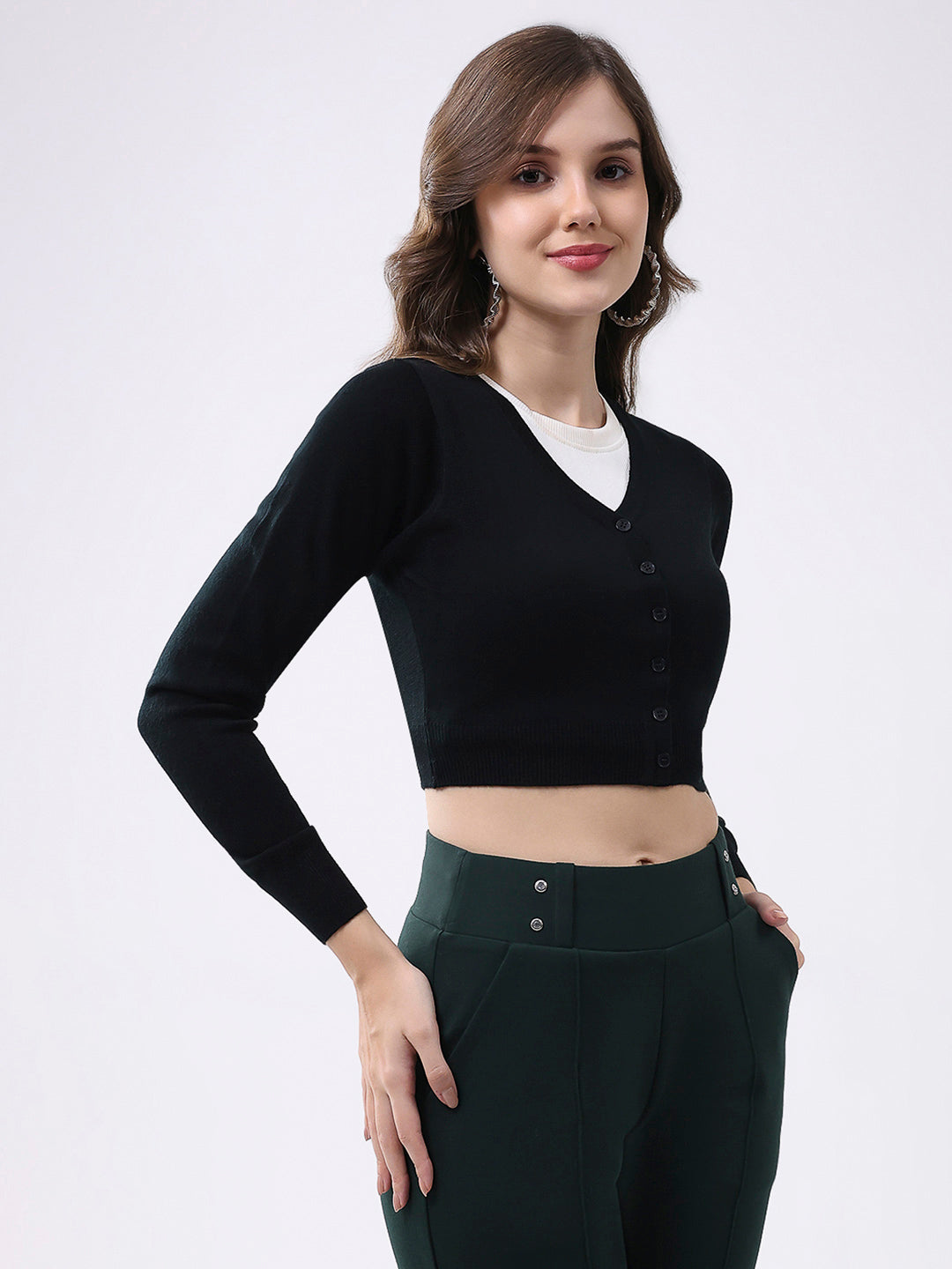 Women Black Solid V Neck Full Sleeve Cardigan