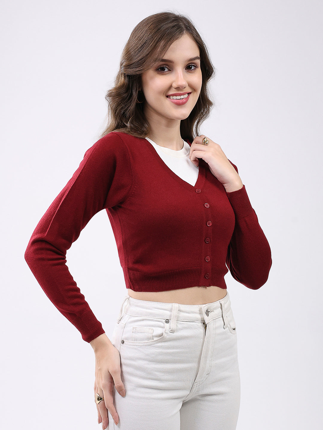 Women Maroon Solid V Neck Full Sleeve Cardigan