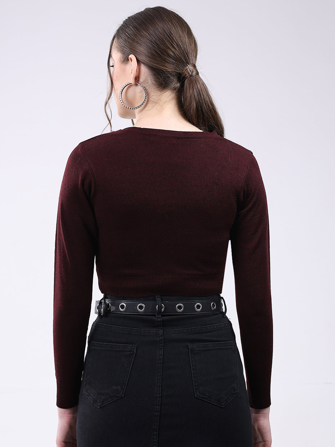 Women Maroon Solid V Neck Full Sleeve Cardigan