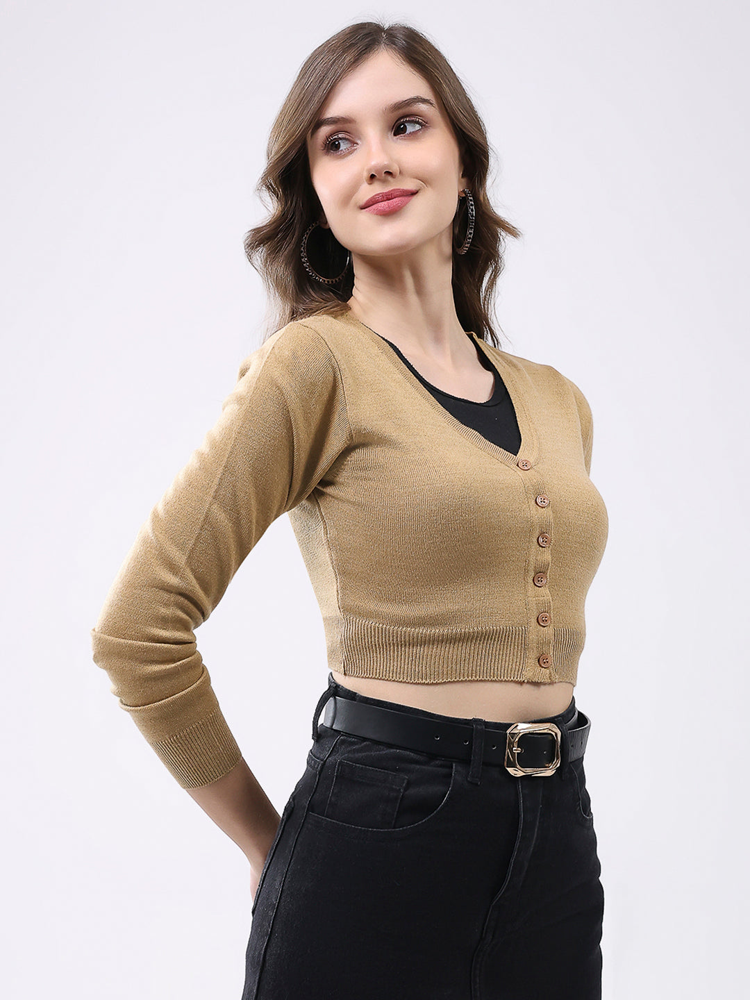 Women Khaki Solid V Neck Full Sleeve Cardigan