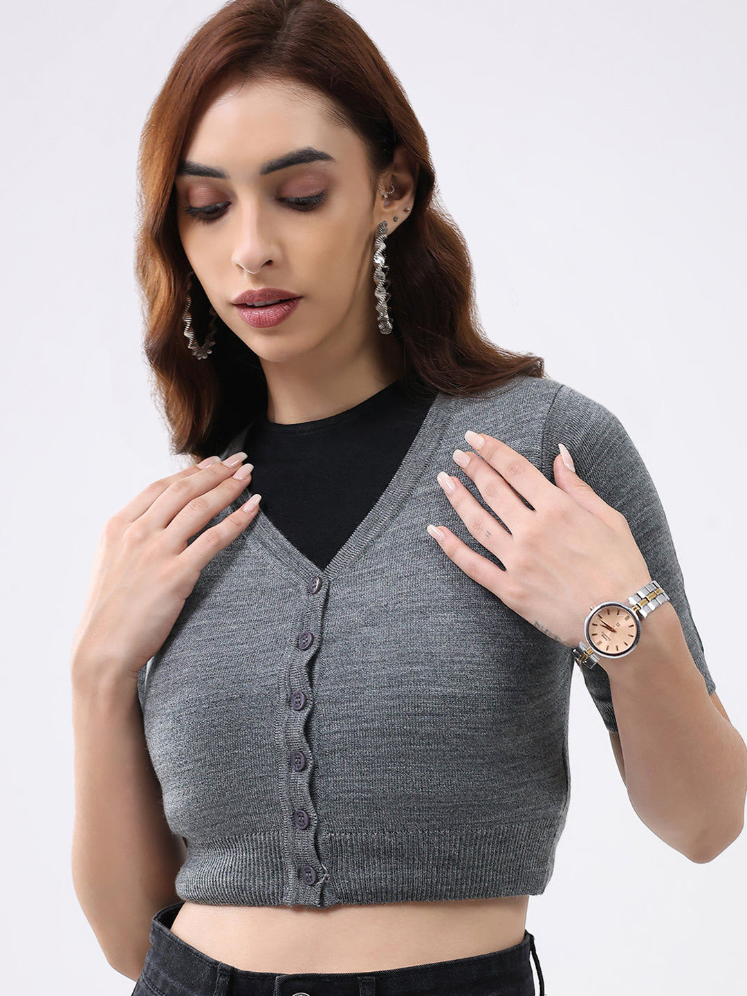 Women Grey Solid V Neck Half Sleeve Cardigan