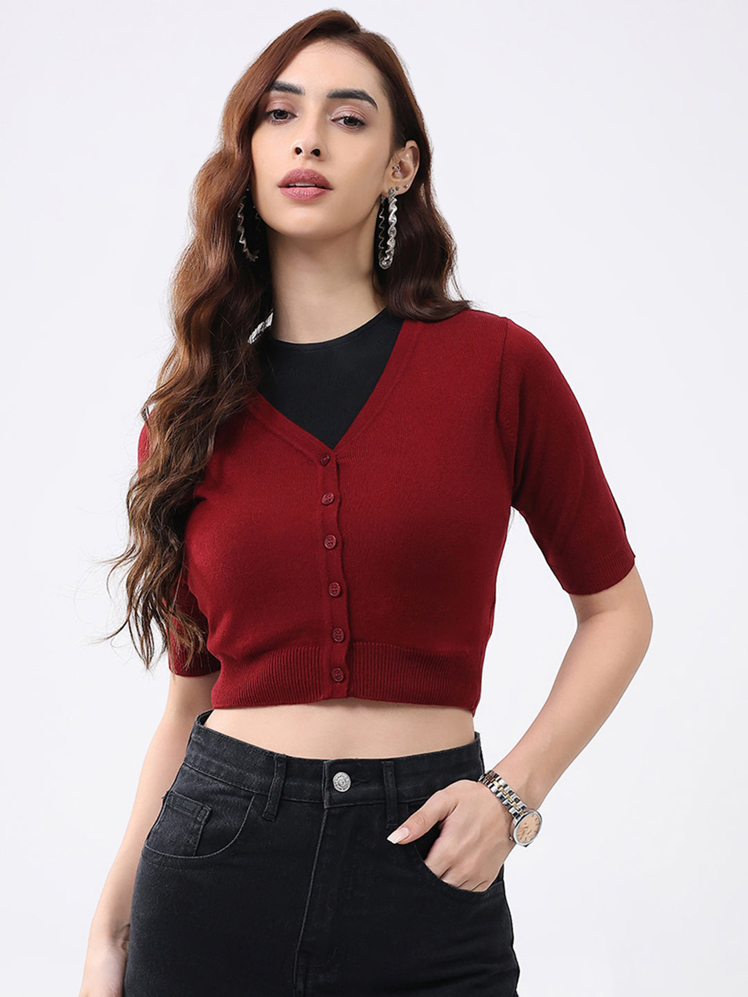 Women Maroon Solid V Neck Half Sleeve Cardigan
