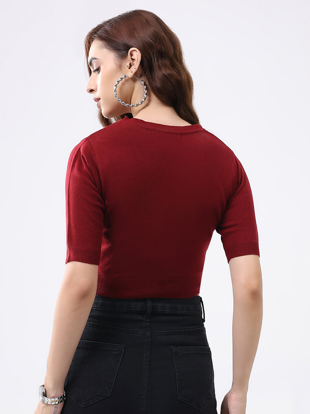 Women Maroon Solid V Neck Half Sleeve Cardigan