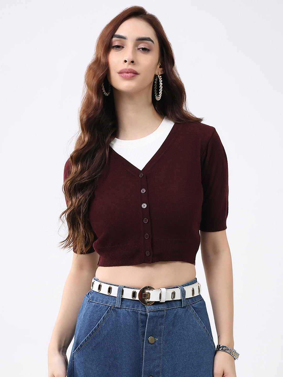 Women Maroon Solid V Neck Half Sleeve Cardigan