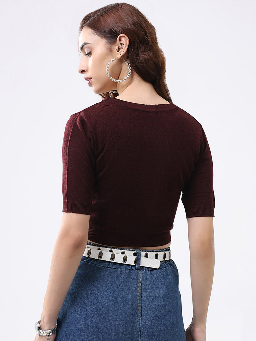 Women Maroon Solid V Neck Half Sleeve Cardigan