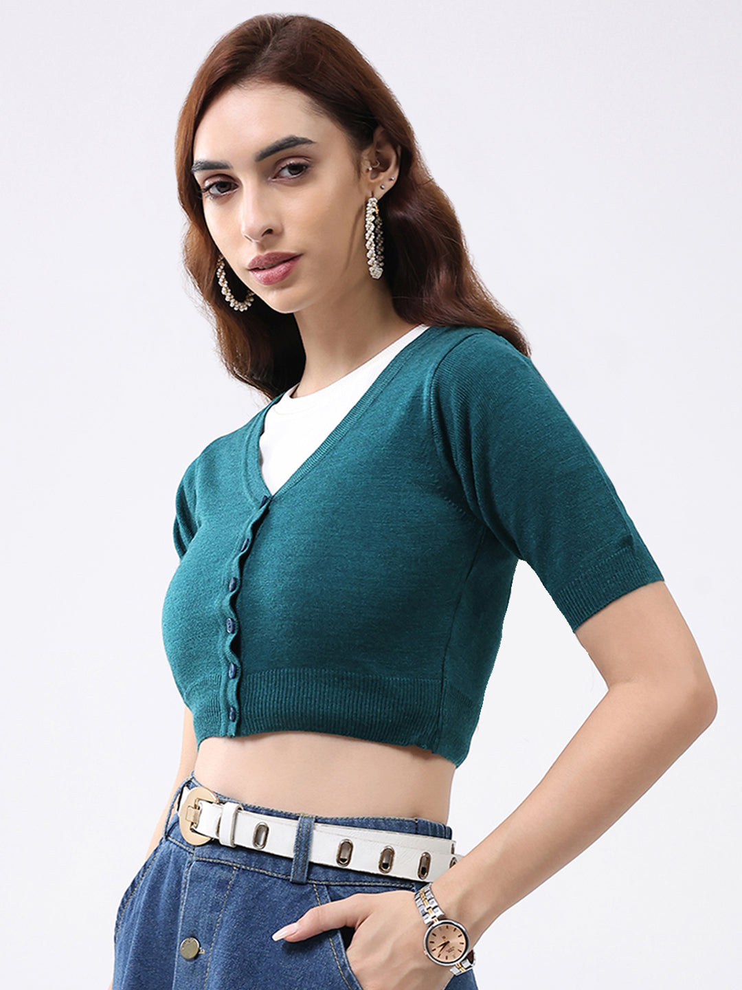 Women Teal Green Solid V Neck Half Sleeve Cardigan