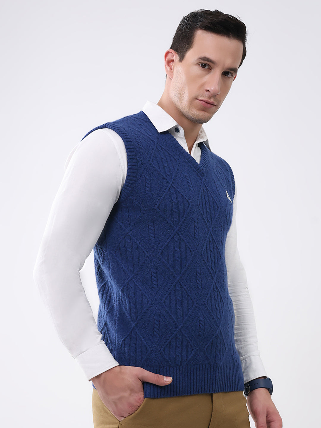 Men Blue Self Design V Neck Sleeveless Sweater