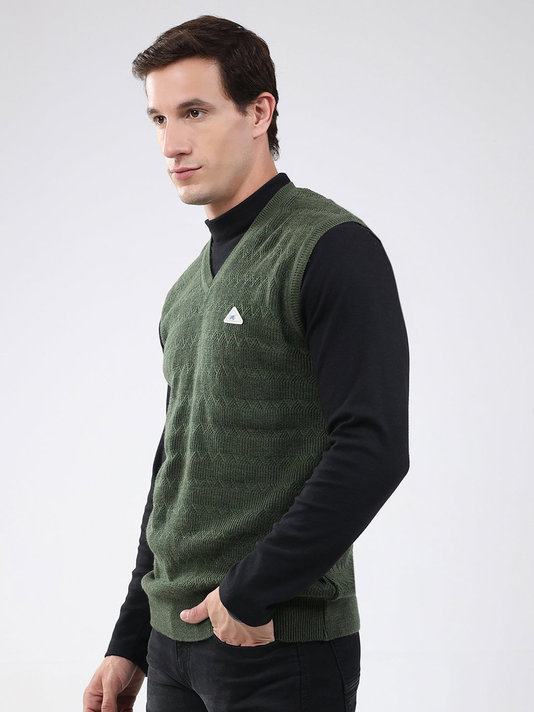 Men Green Self Design V Neck Sleeveless Sweater