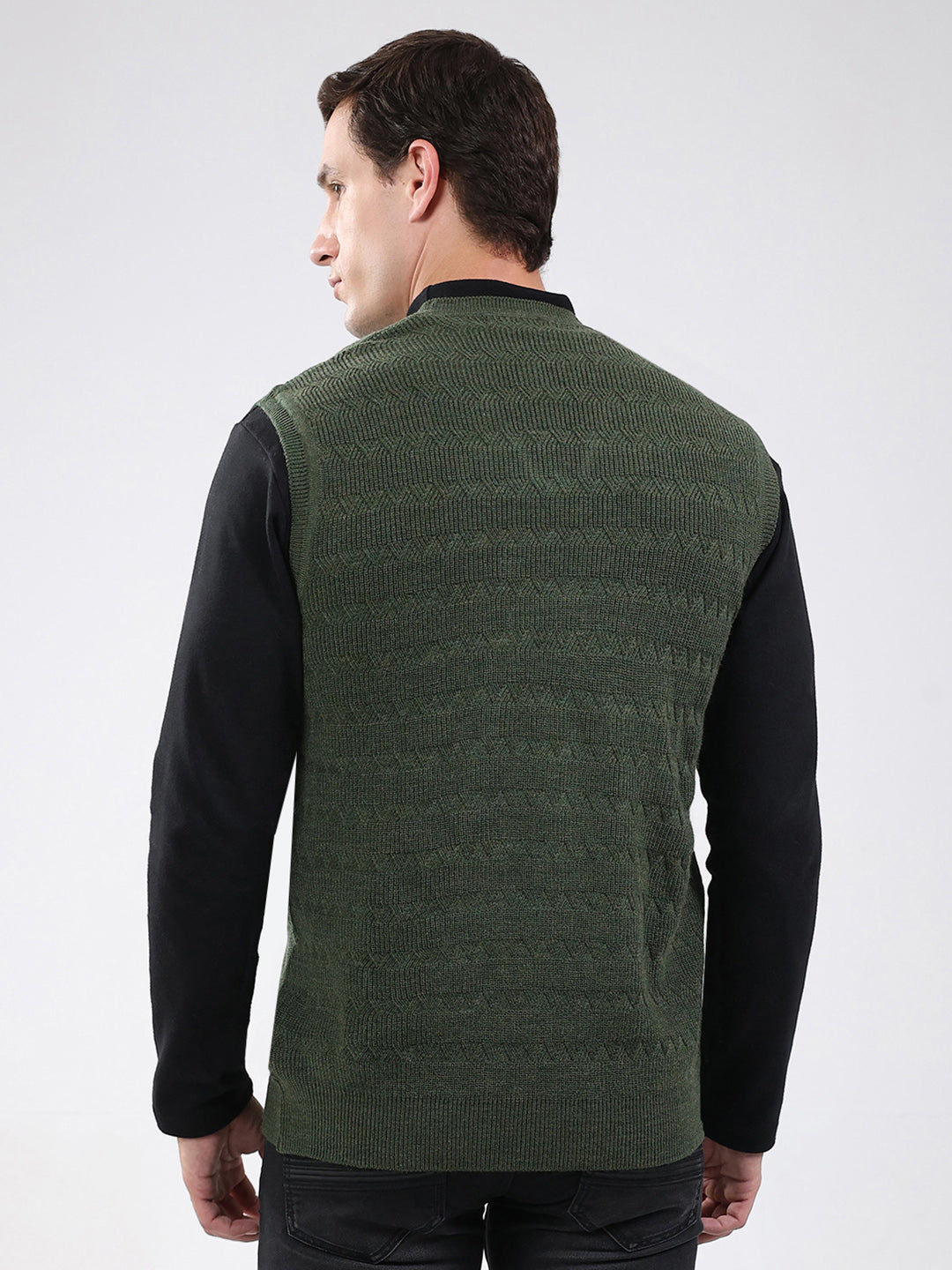 Men Green Self Design V Neck Sleeveless Sweater