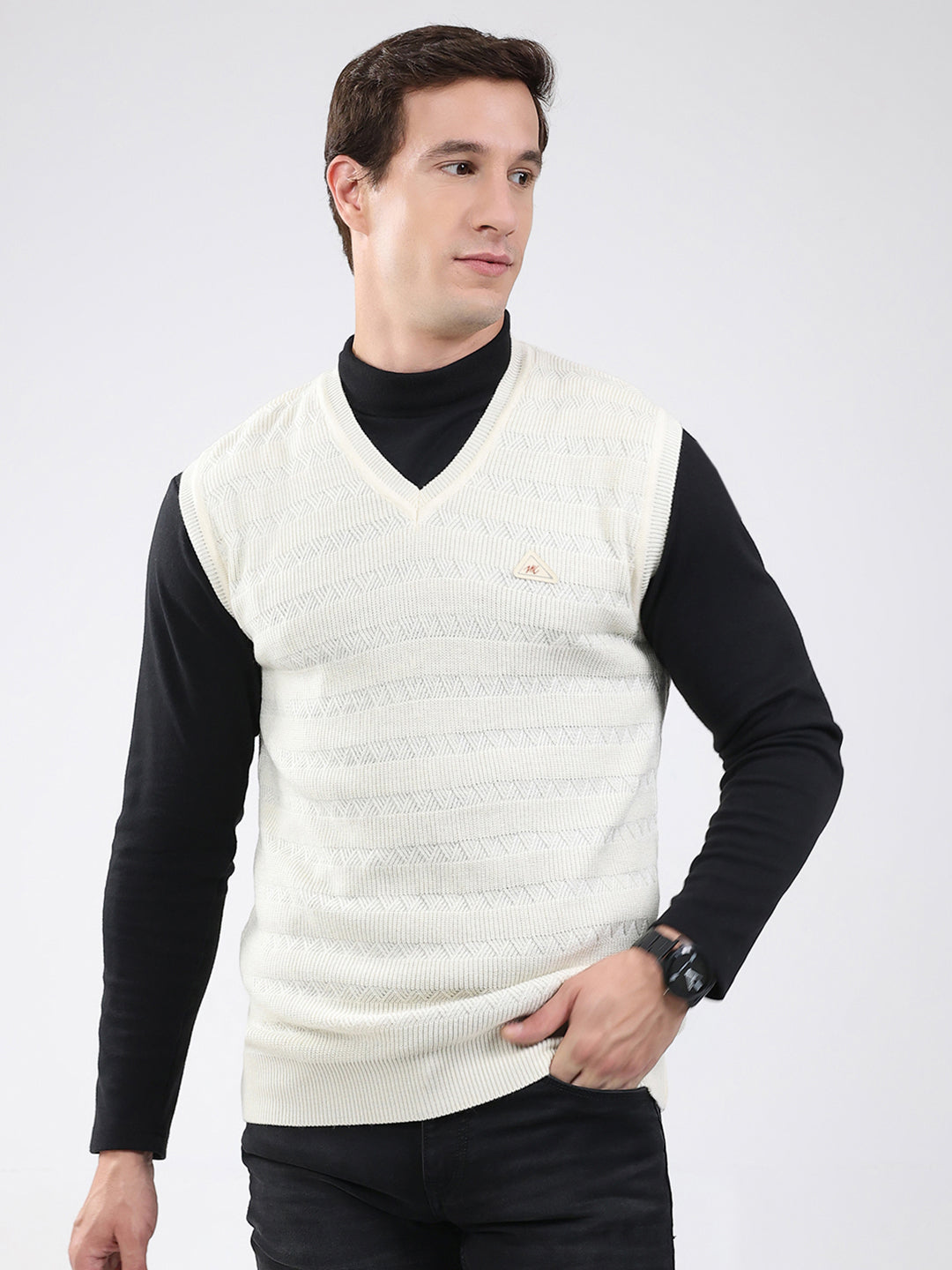 Men White Self Design V Neck Sleeveless Sweater
