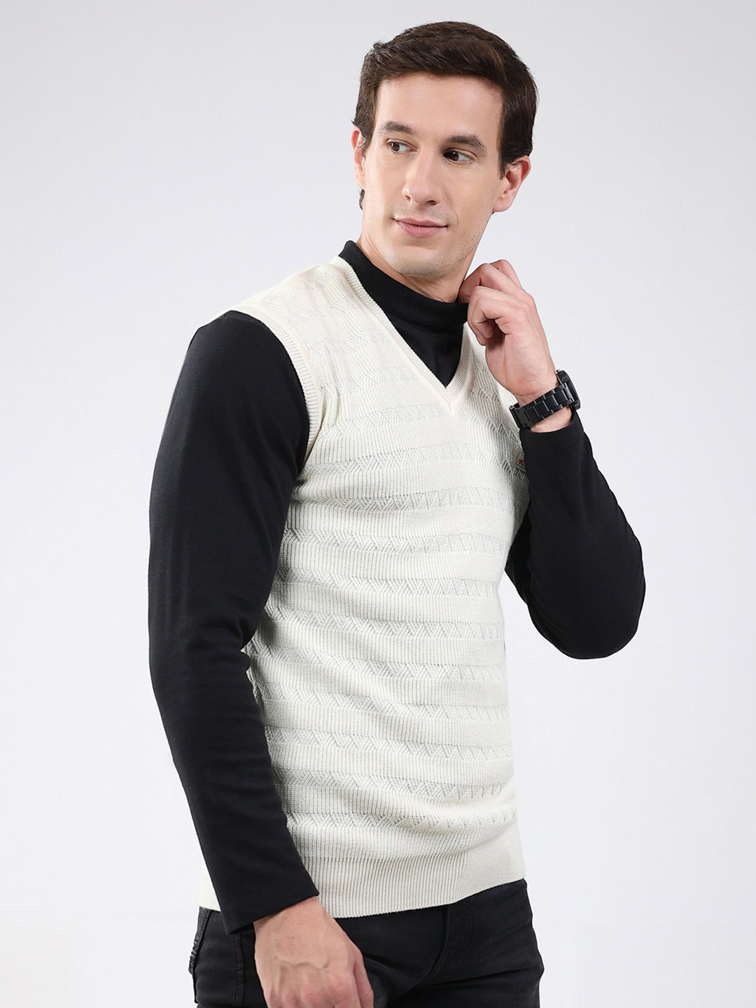 Men White Self Design V Neck Sleeveless Sweater
