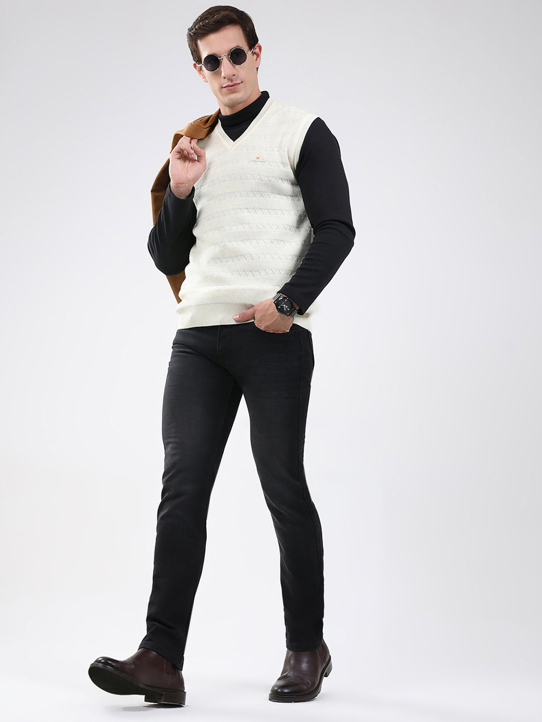 Men White Self Design V Neck Sleeveless Sweater