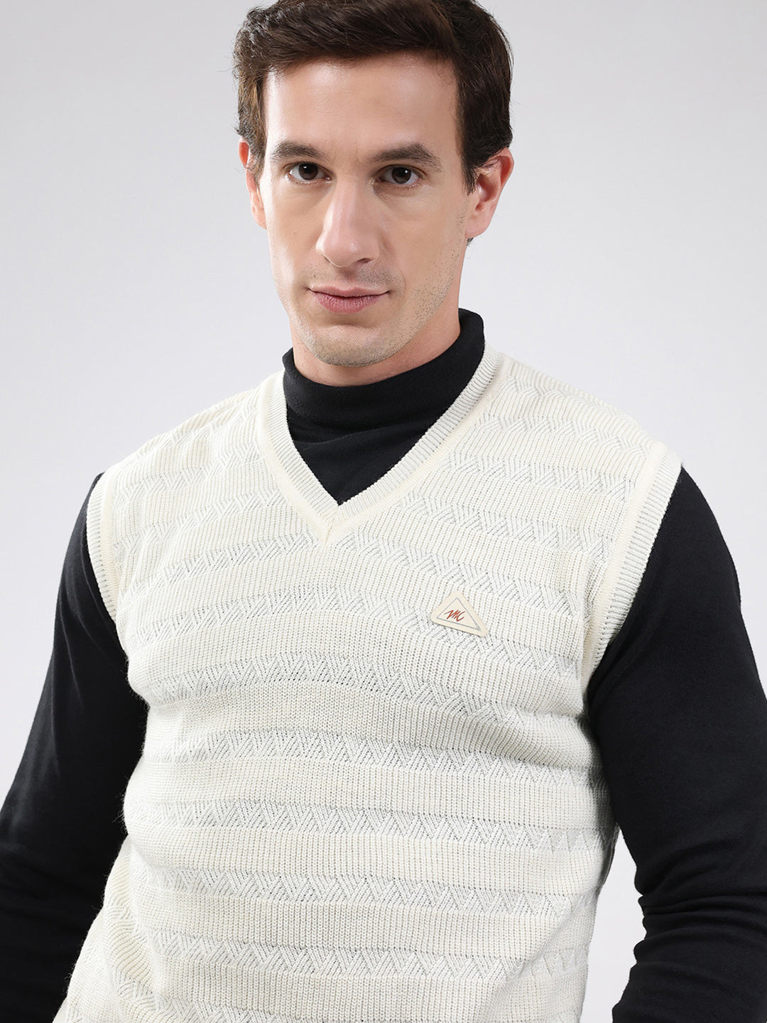Men White Self Design V Neck Sleeveless Sweater
