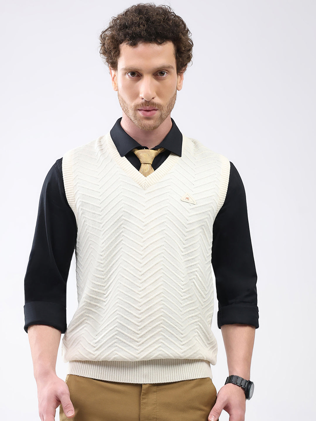 Men White Self Design V Neck Sleeveless Sweater