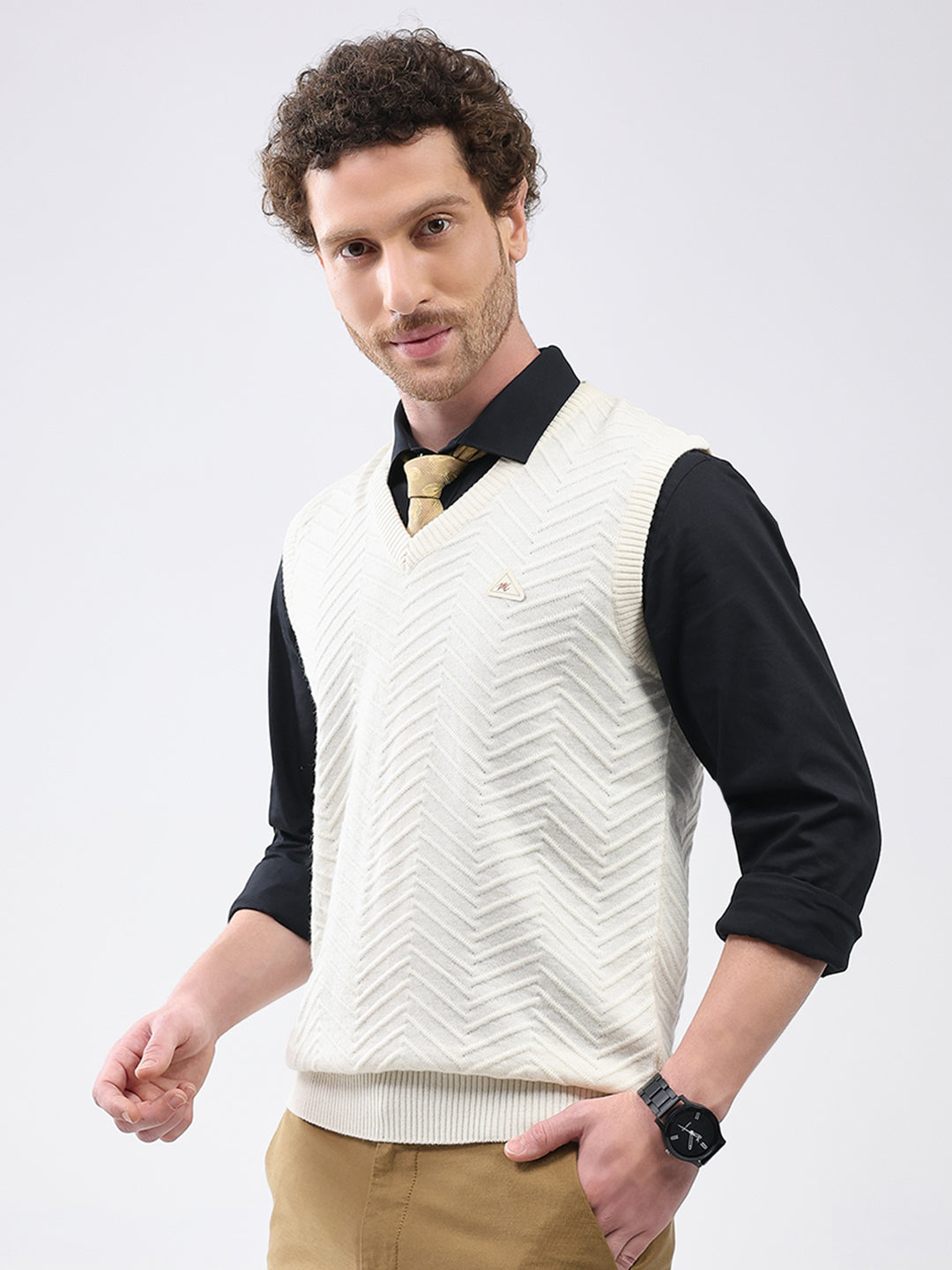 Men White Self Design V Neck Sleeveless Sweater