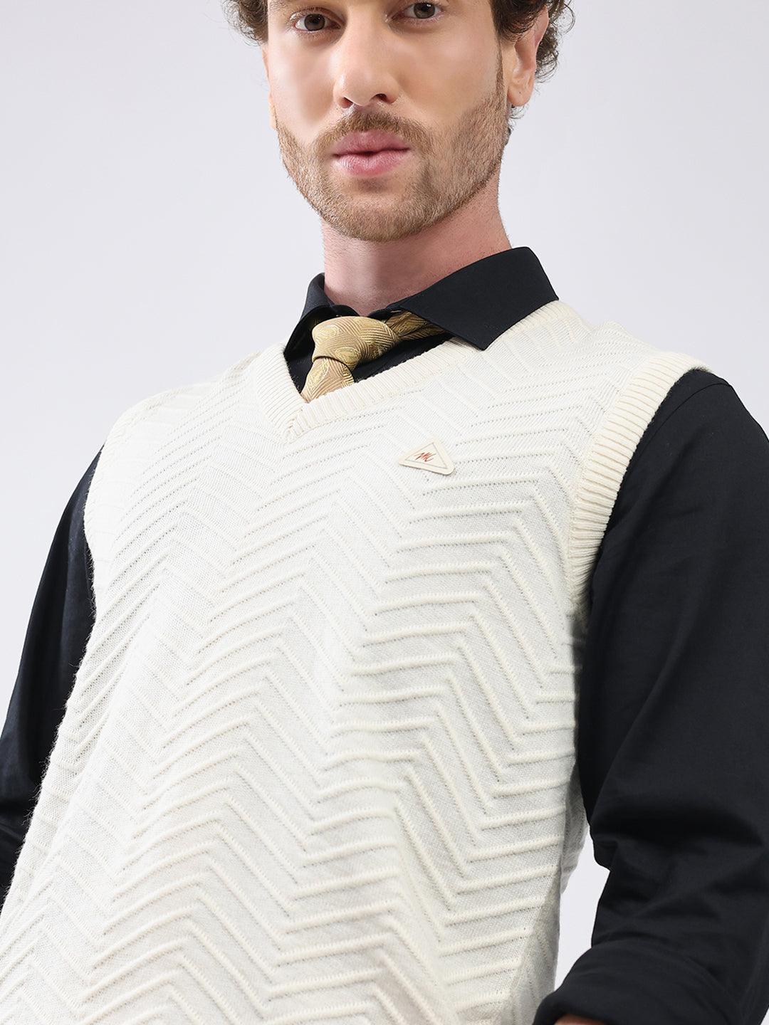 Men White Self Design V Neck Sleeveless Sweater