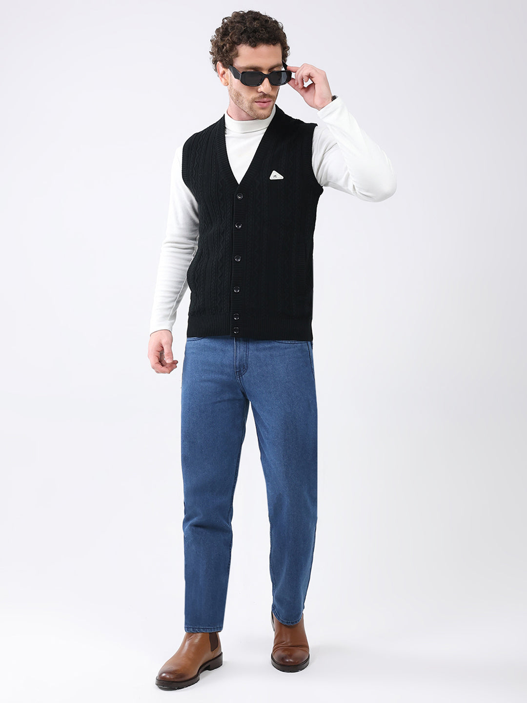 Men Black Self Design V Neck Sleeveless Cardigan