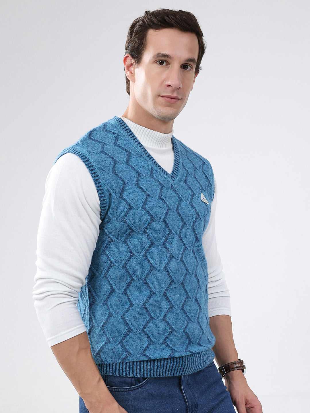 Men Blue Self Design V Neck Sleeveless Sweater