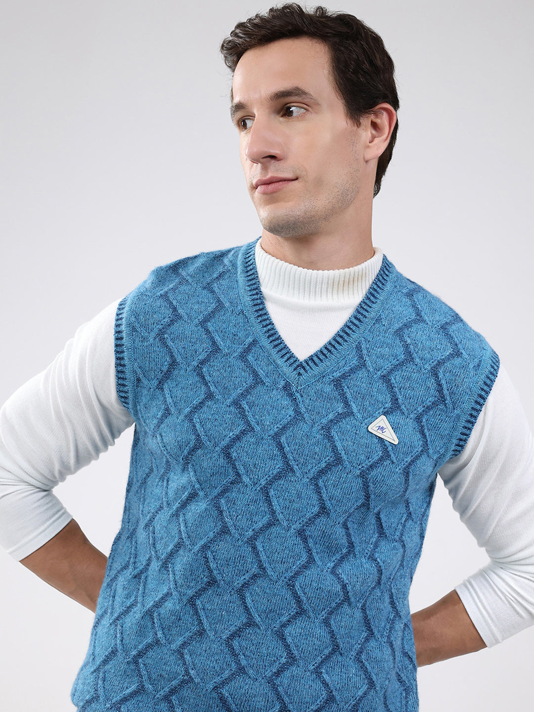 Men Blue Self Design V Neck Sleeveless Sweater