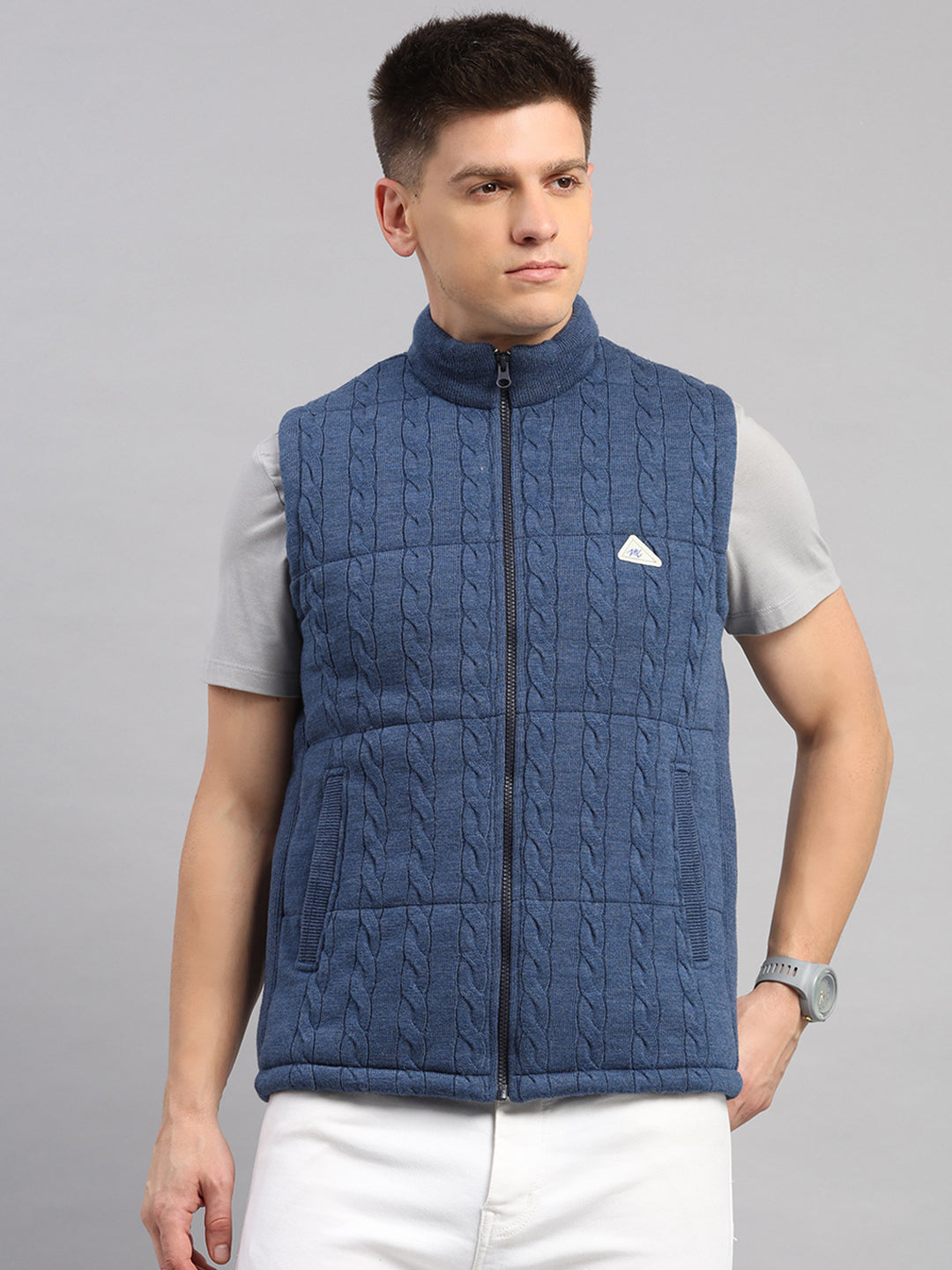 Men Blue Self Design Round Neck Sleeveless Jacket