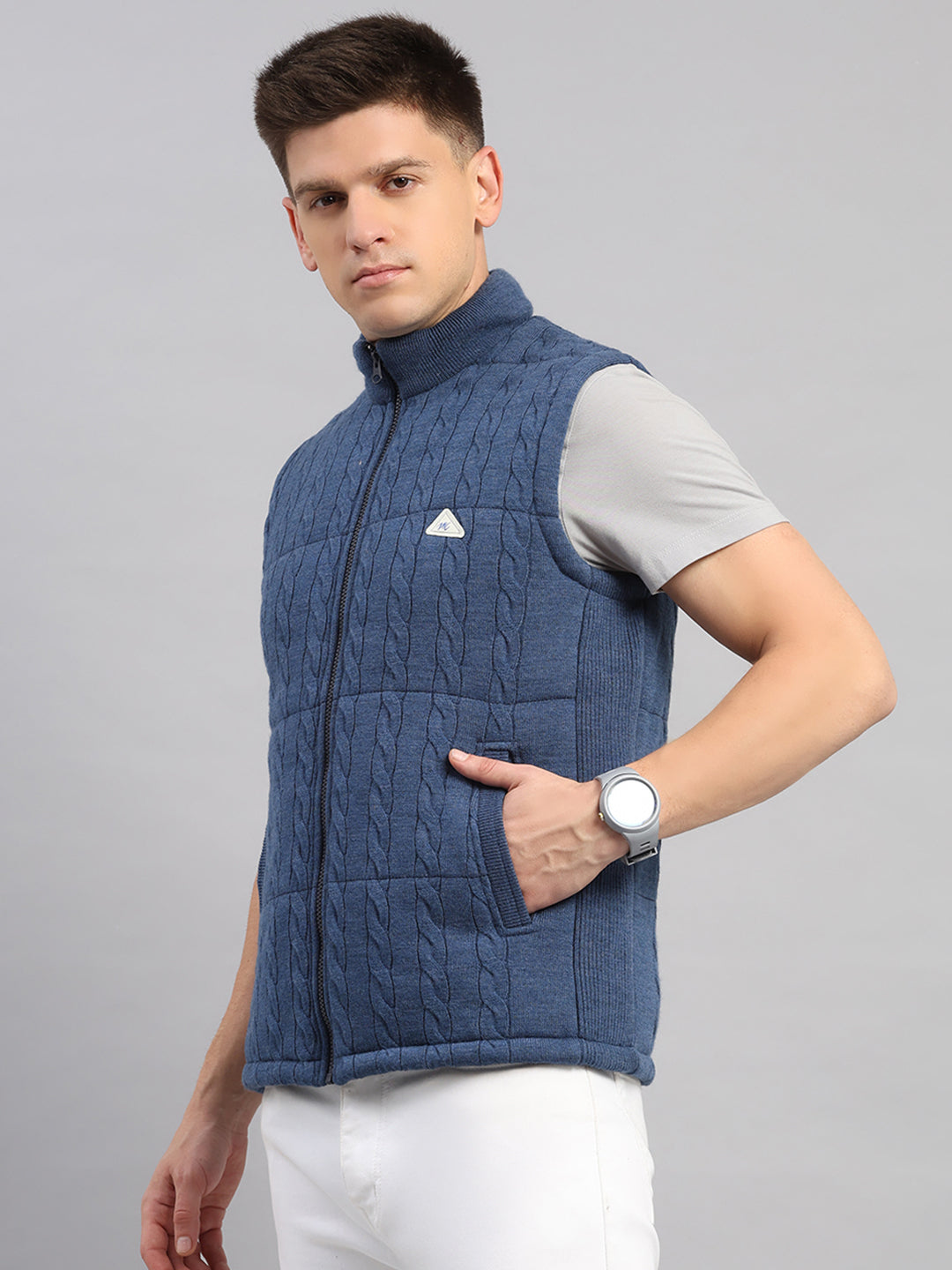 Men Blue Self Design Round Neck Sleeveless Jacket