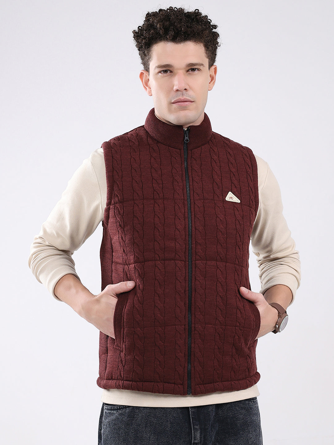 Men Maroon Self Design Mock Neck Sleeveless Jacket