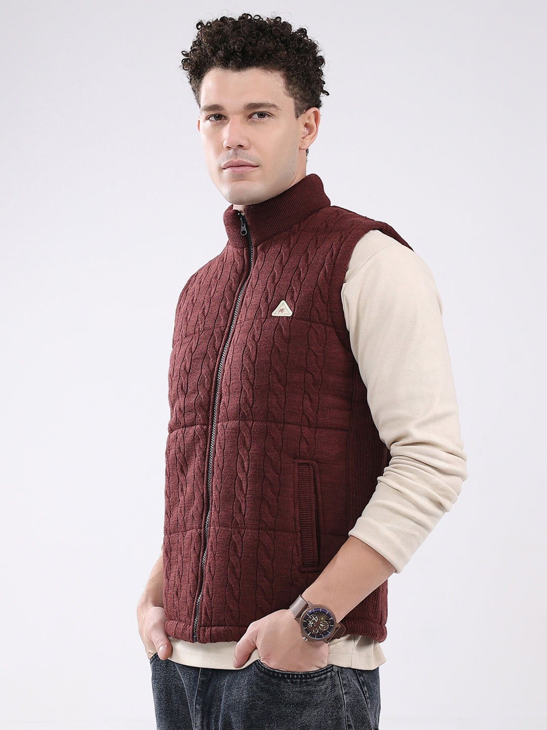 Men Maroon Self Design Mock Neck Sleeveless Jacket