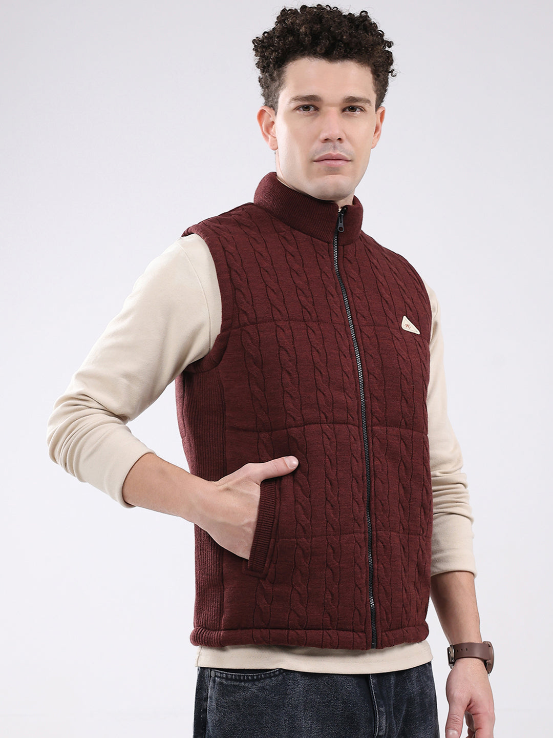 Men Maroon Self Design Mock Neck Sleeveless Jacket