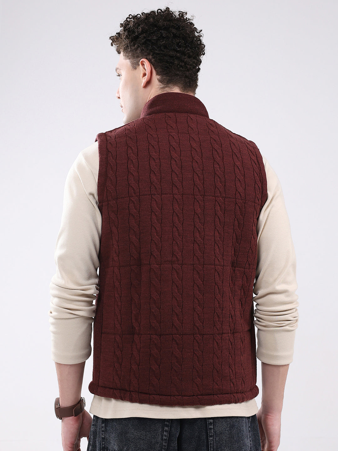 Men Maroon Self Design Mock Neck Sleeveless Jacket