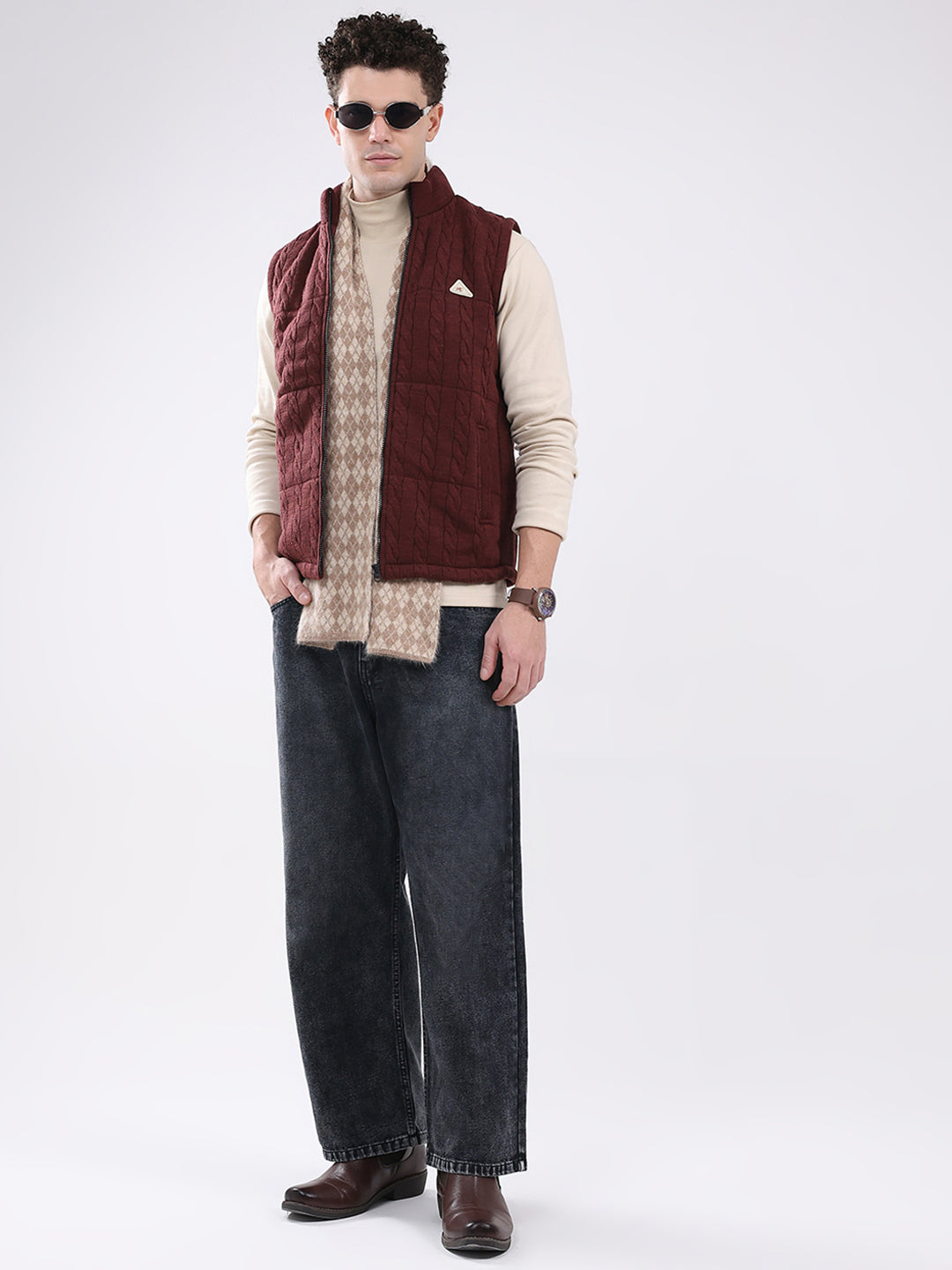 Men Maroon Self Design Mock Neck Sleeveless Jacket