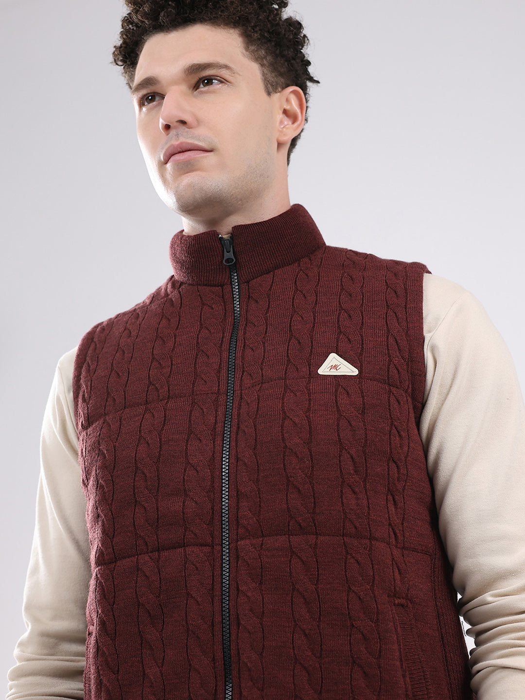Men Maroon Self Design Mock Neck Sleeveless Jacket