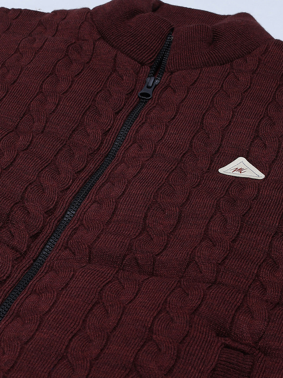 Men Maroon Self Design Mock Neck Sleeveless Jacket