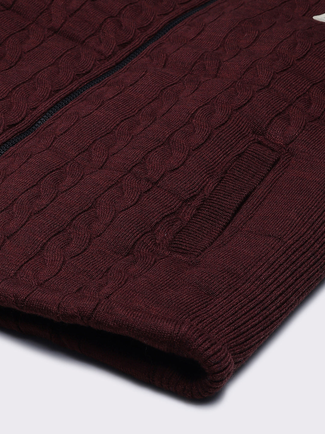 Men Maroon Self Design Mock Neck Sleeveless Jacket