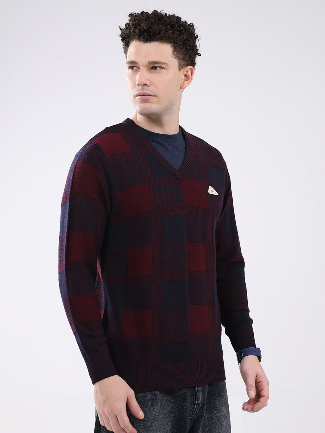 Men Maroon & Navy Blue Self Design V Neck Full Sleeve Pullover