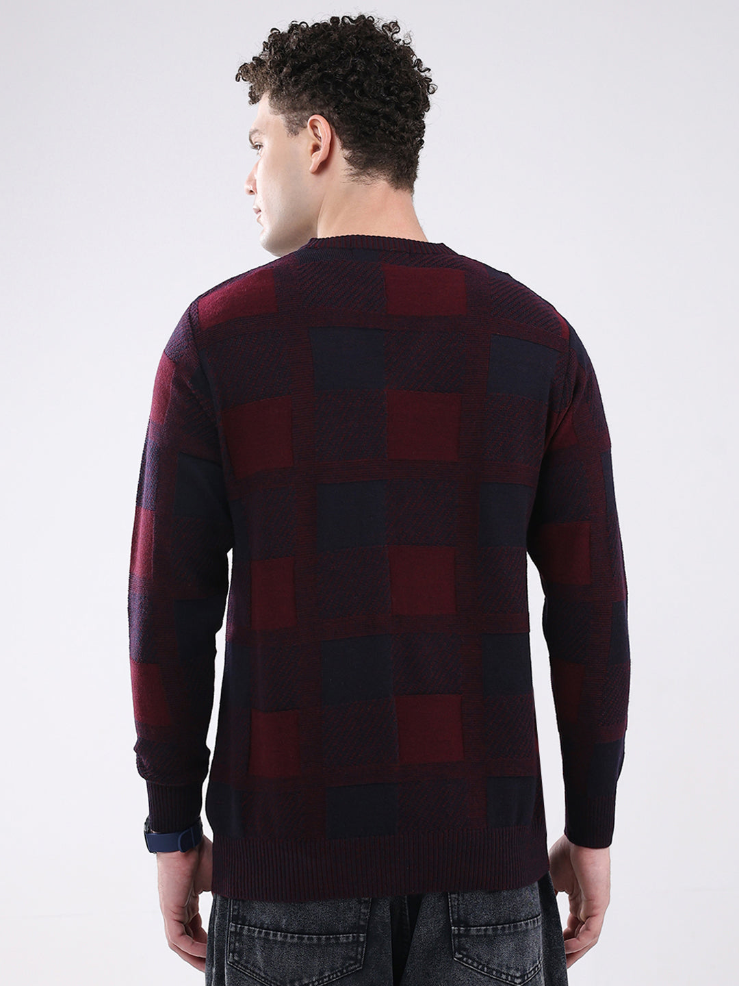 Men Maroon & Navy Blue Self Design V Neck Full Sleeve Pullover