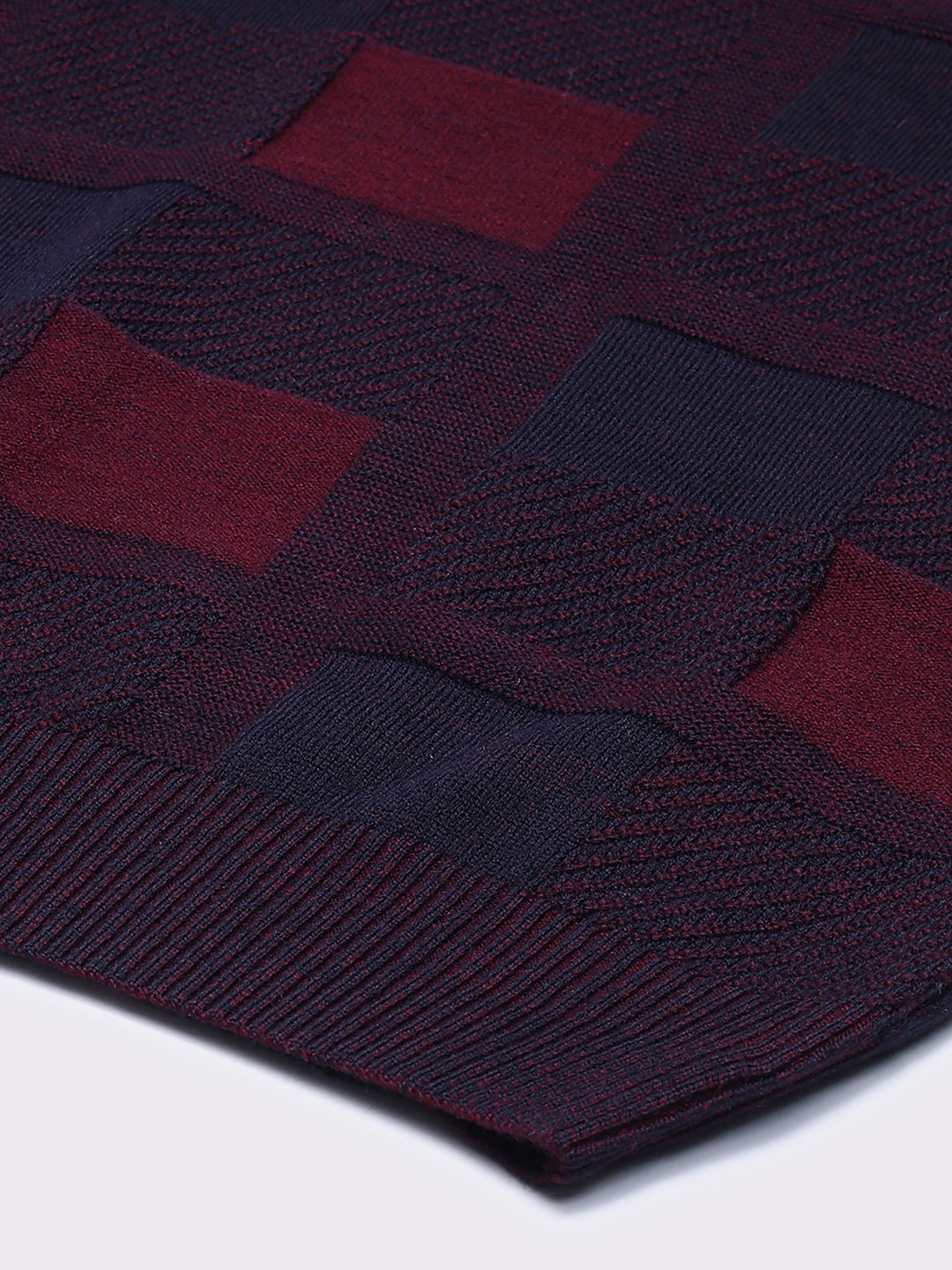 Men Maroon & Navy Blue Self Design V Neck Full Sleeve Pullover