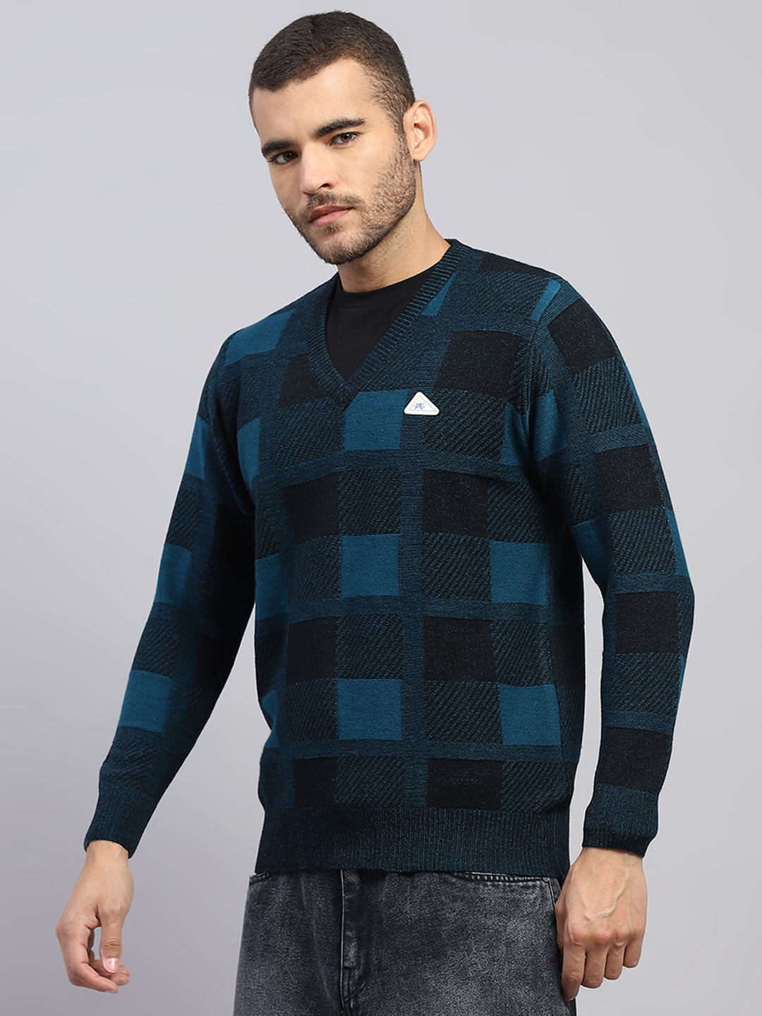 Men Blue Printed V Neck Full Sleeve Pullover