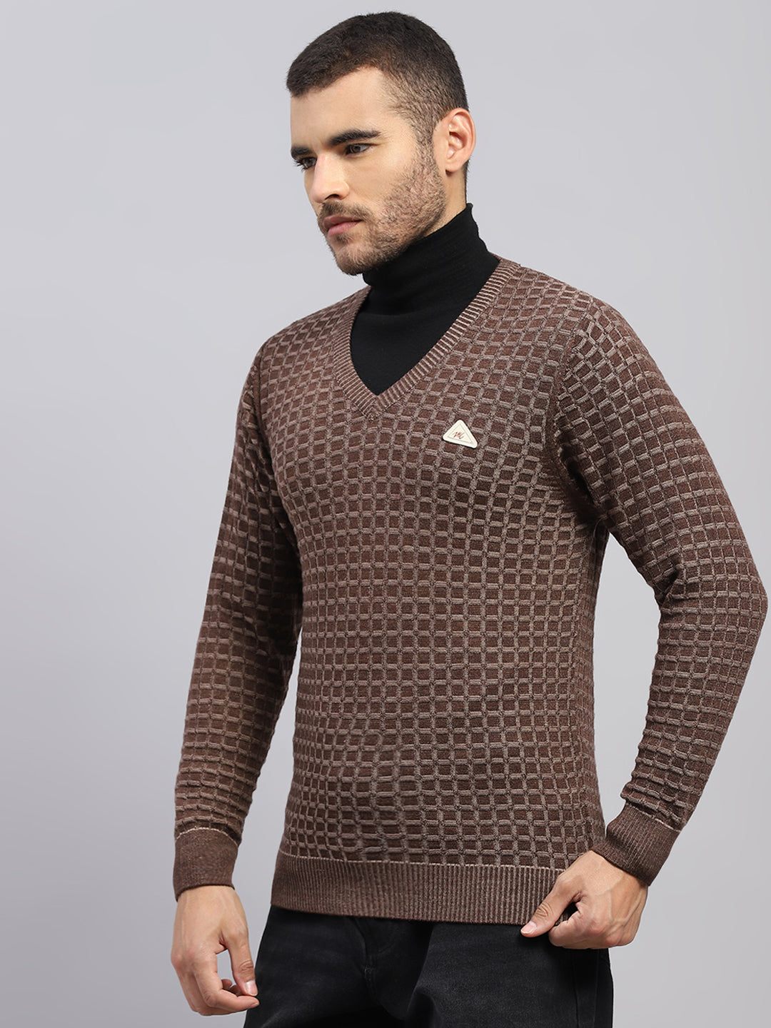 Men Brown Self Design V Neck Full Sleeve Pullover