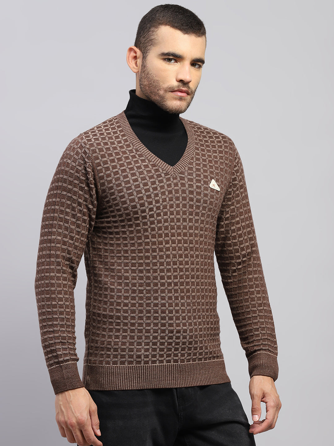 Men Brown Self Design V Neck Full Sleeve Pullover
