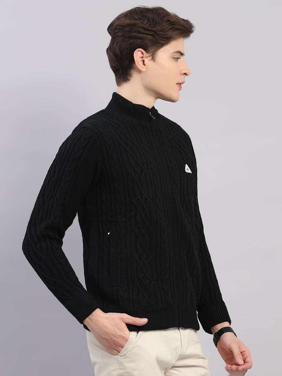 Men Black Self Design Round Neck Full Sleeve Jacket