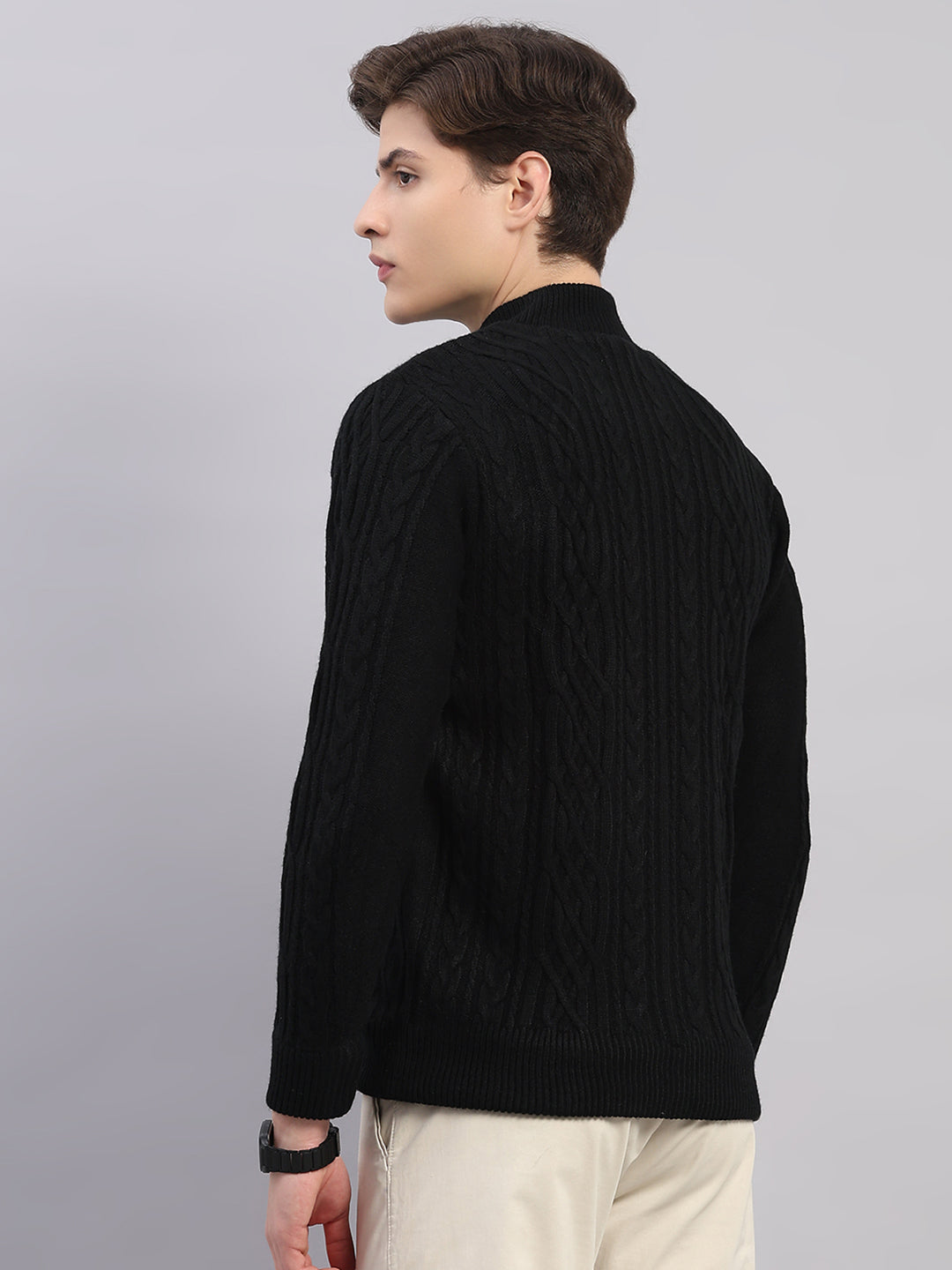 Men Black Self Design Round Neck Full Sleeve Jacket