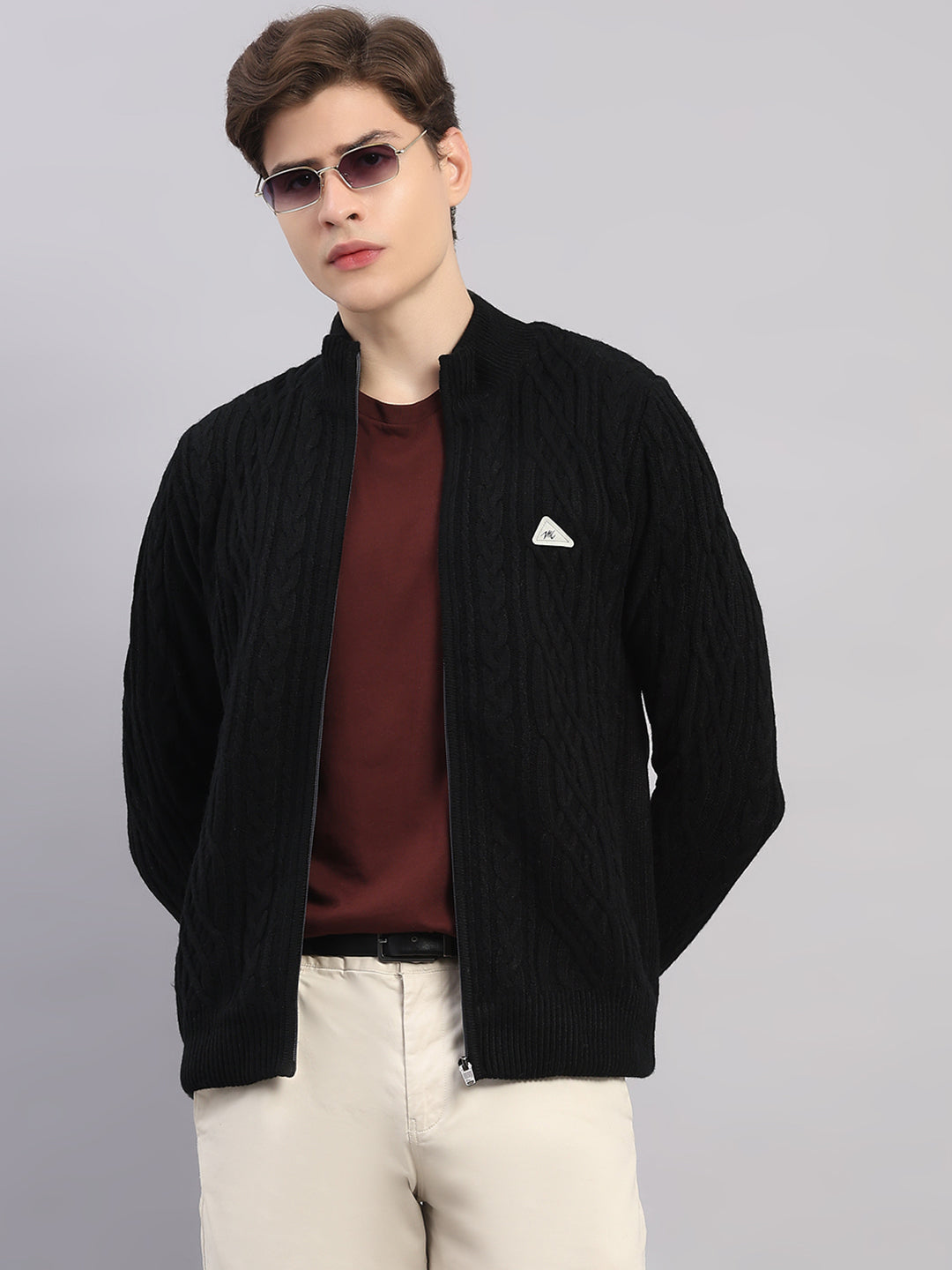 Men Black Self Design Round Neck Full Sleeve Jacket