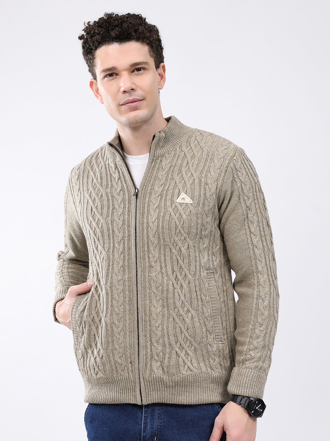 Men Beige Self Design Mock Neck Full Sleeve Jacket