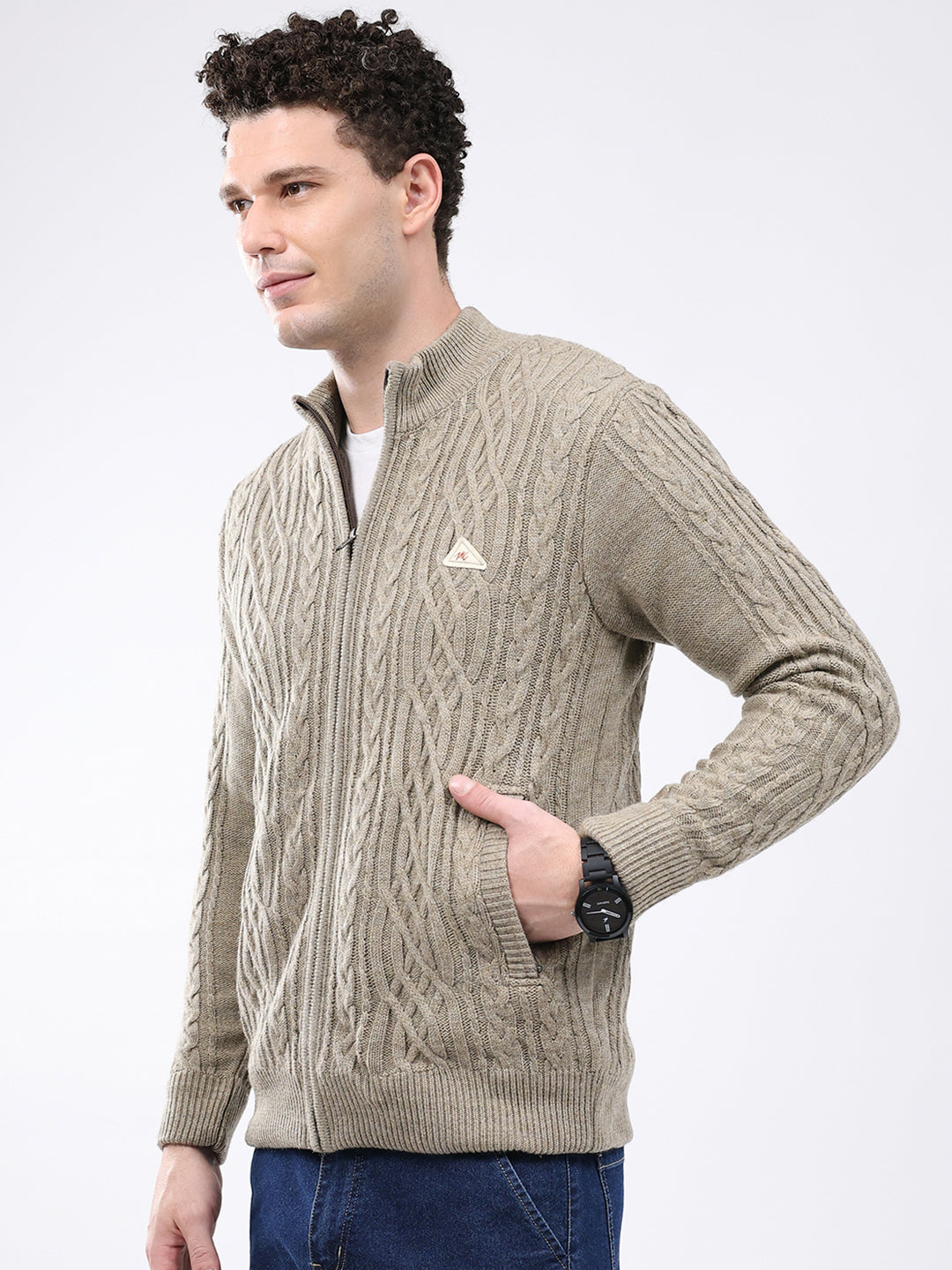 Men Beige Self Design Mock Neck Full Sleeve Jacket