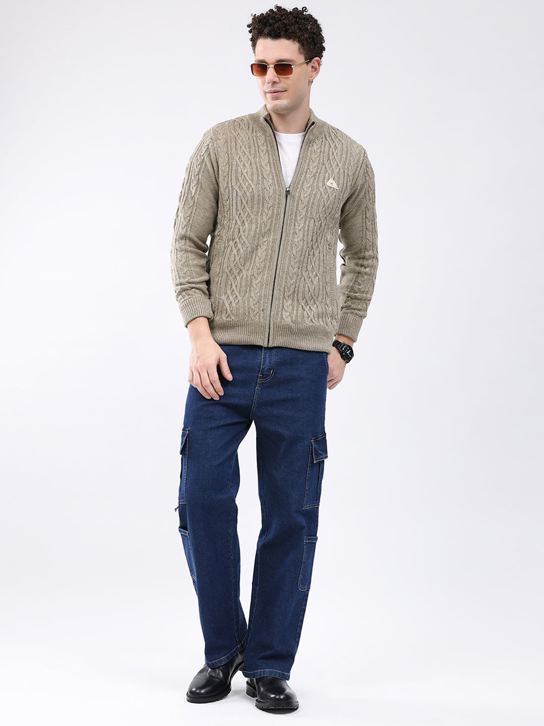 Men Beige Self Design Mock Neck Full Sleeve Jacket